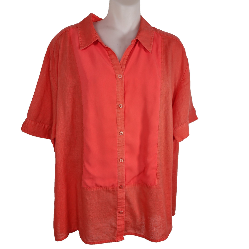 Chicos Women Shirt Short Sleeve Button Down Mixed Media Linen Blend Size 2 Large